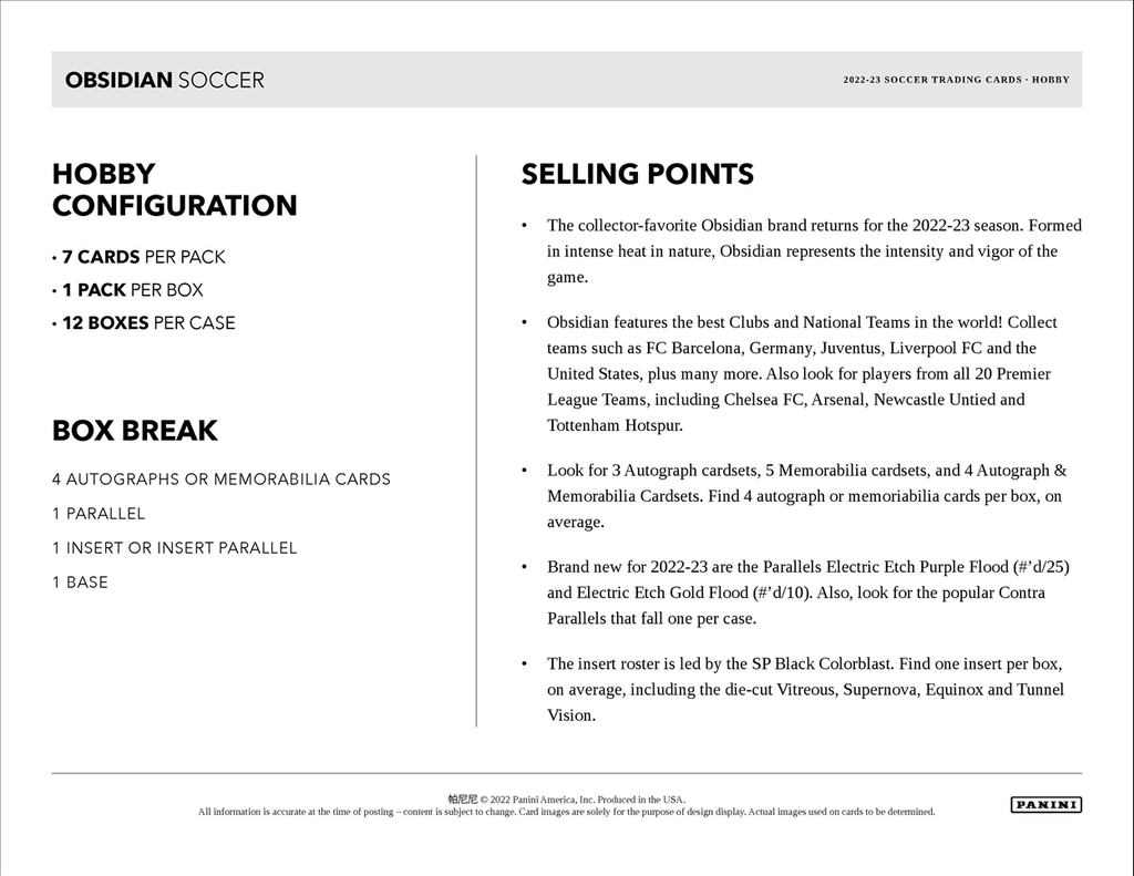 2022-23 Panini Obsidian Soccer Hobby 12 Box Case