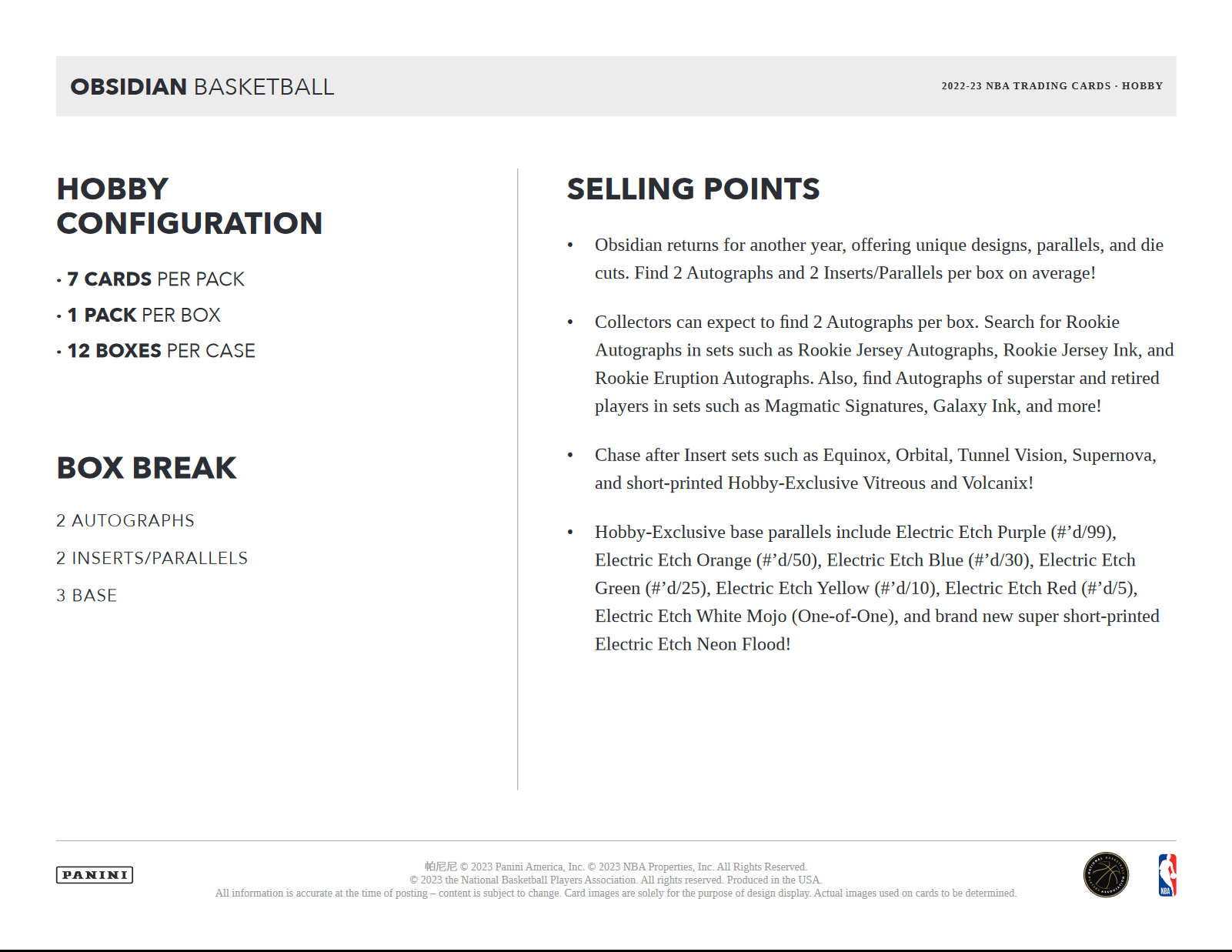 2022-23 Panini Obsidian Basketball Hobby Box