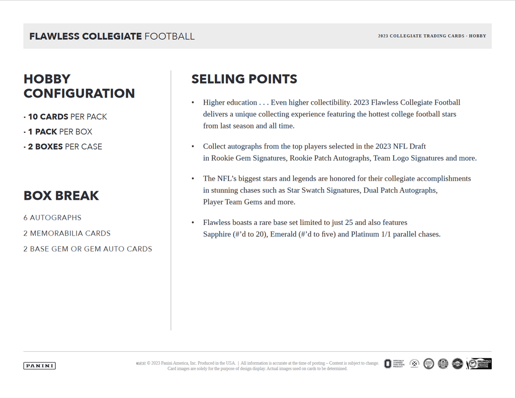 2023 Panini Flawless Collegiate Football Hobby 2 Box Case